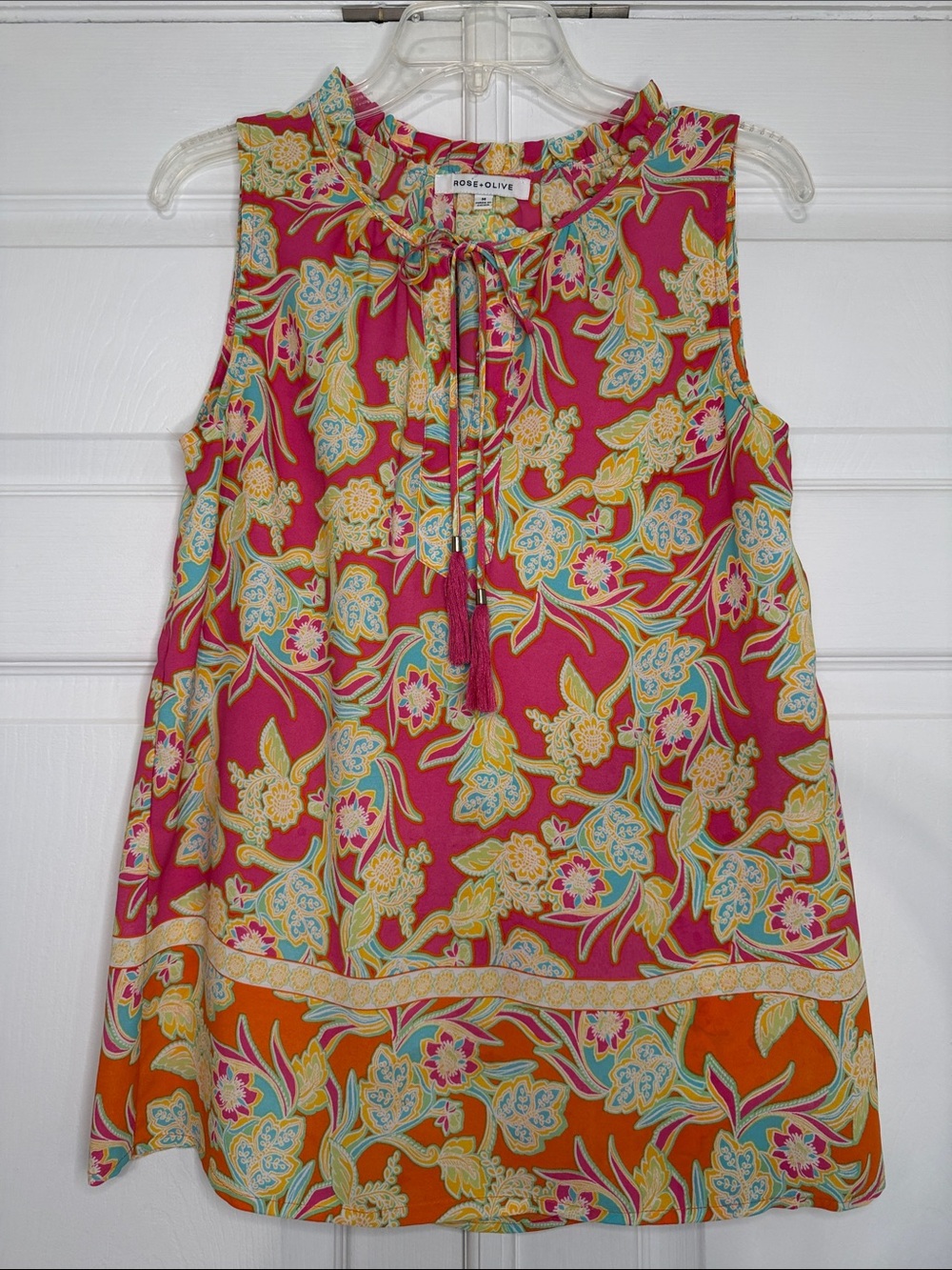 Rose & Olive Elegant Pink and Orange Floral Tie-Neck Tassel Sleeveless Top